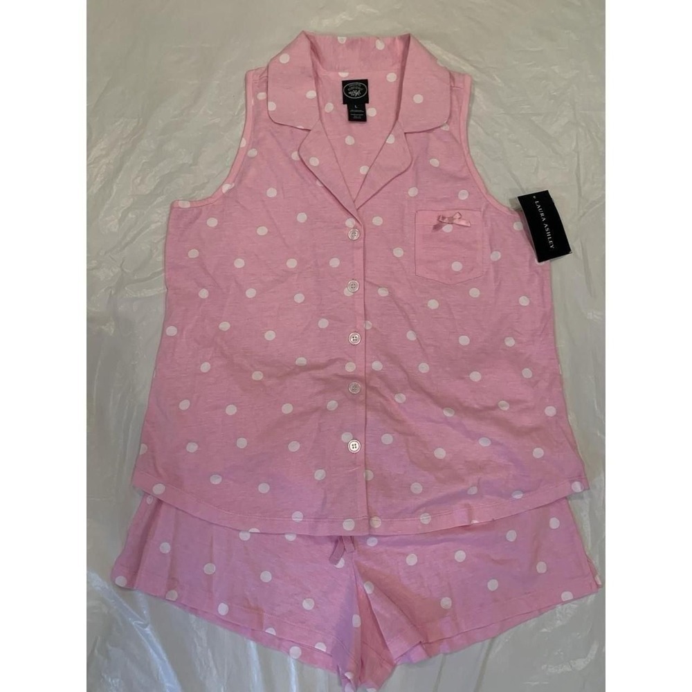 Laura Ashley Women's Pink W/ White Polka Dots Short Sleep Wear Set Size L